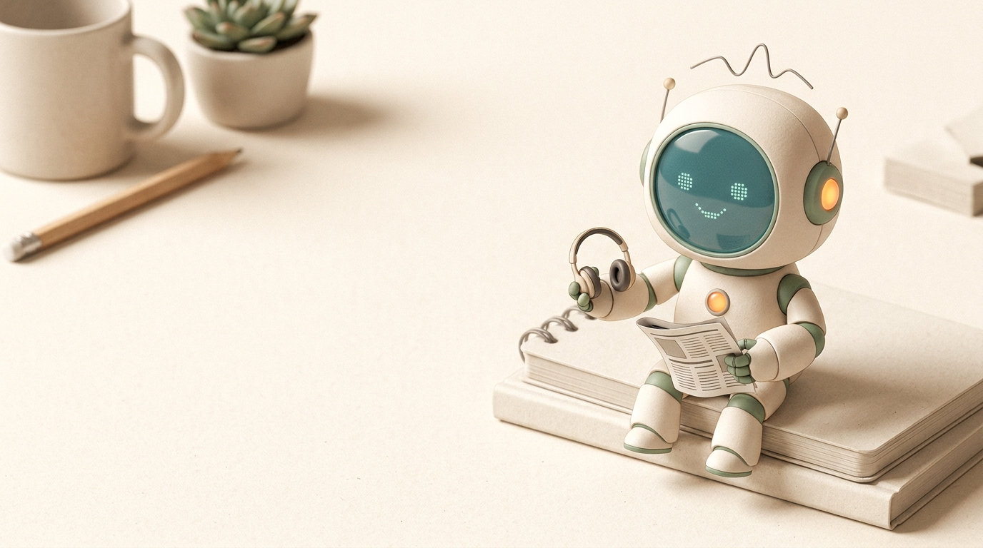 Cute robot podcast assistant holding headphones and a news brief